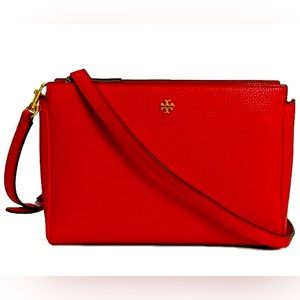 Tory Burch Womens Red Pebble Leather Black Crossbody Bag Purse